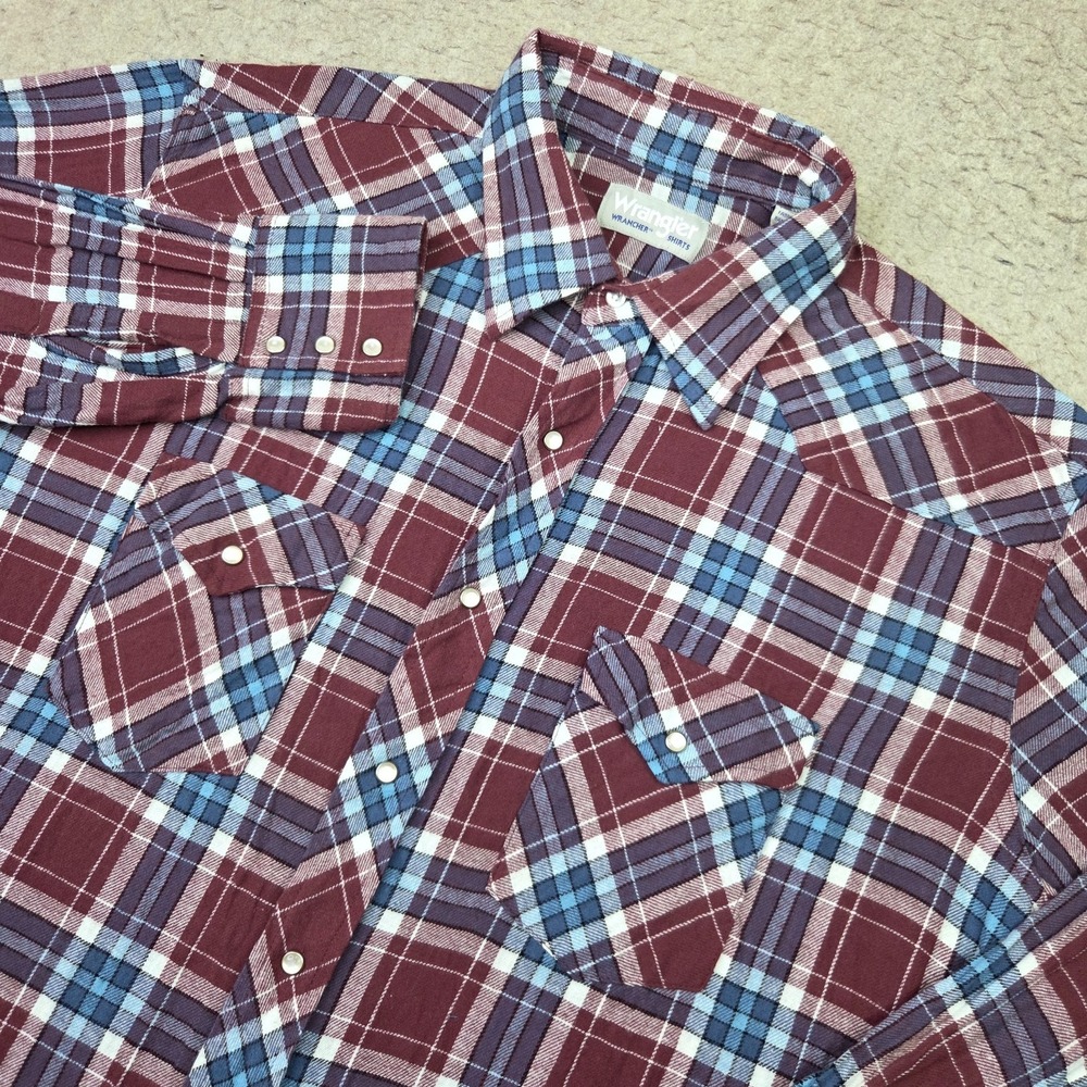 Wrangler Wrancher Flannel Pearl Snap Shirt Mens 2XLT Tall Red Plaid Long Sleeve